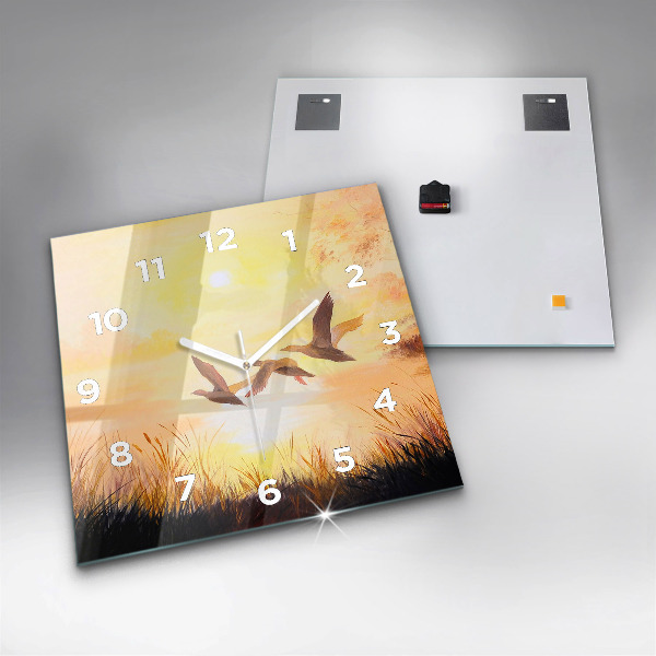 Square glass wall clock Cranes at sunset