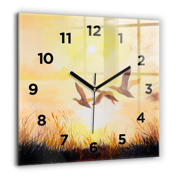 Square glass wall clock Cranes at sunset