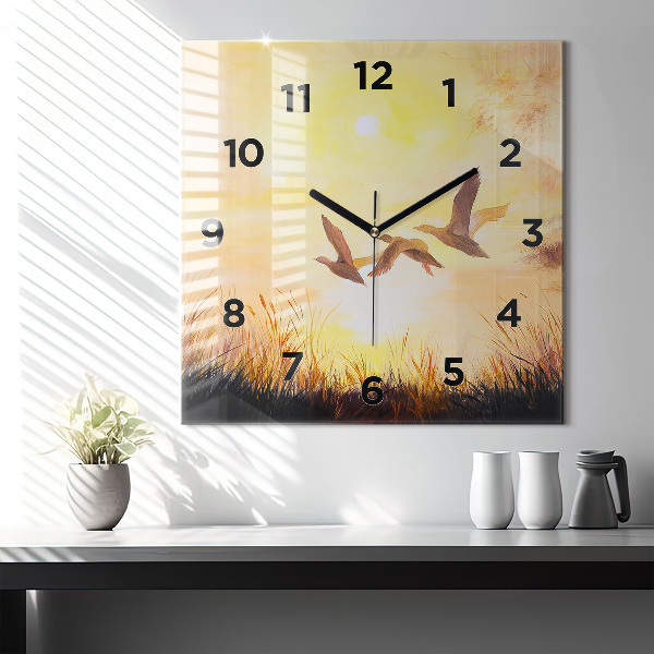 Square glass wall clock Cranes at sunset
