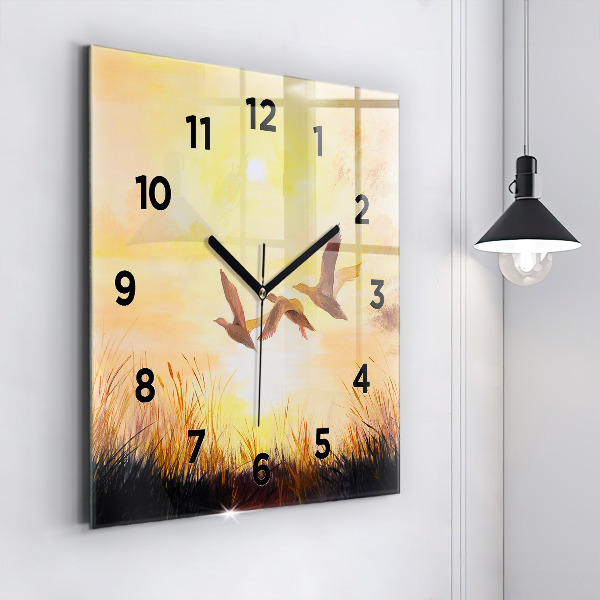 Square glass wall clock Cranes at sunset