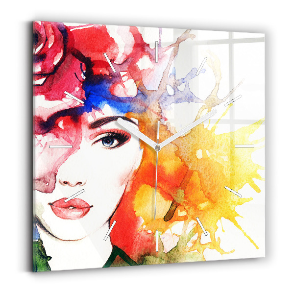 Square glass wall clock Colorful portrait of a woman