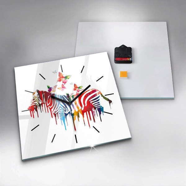 Square glass wall clock Colorful zebra