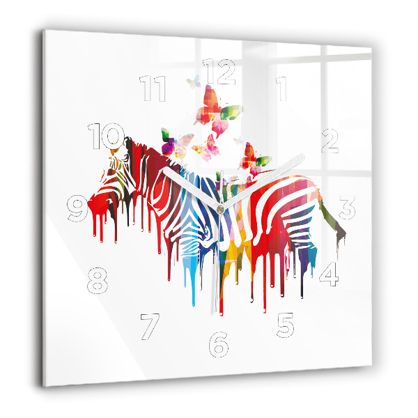 Square glass wall clock Colorful zebra