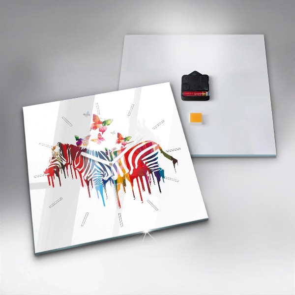 Square glass wall clock Colorful zebra