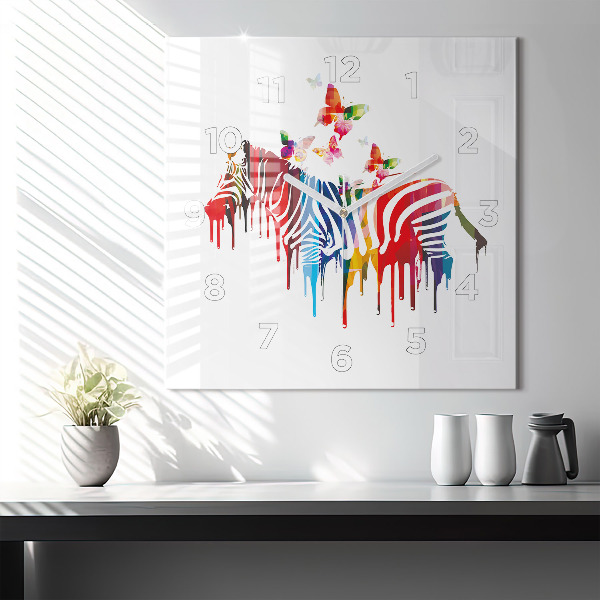 Square glass wall clock Colorful zebra