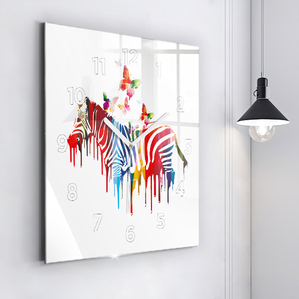 Square glass wall clock Colorful zebra