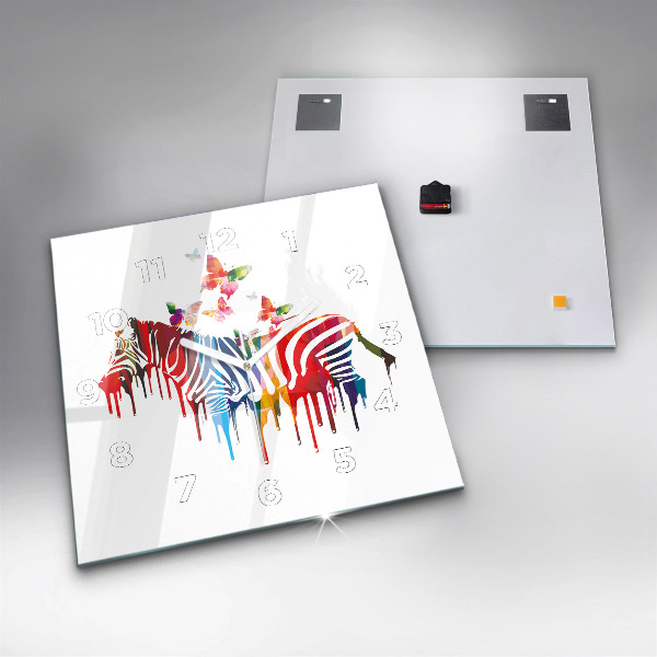 Square glass wall clock Colorful zebra