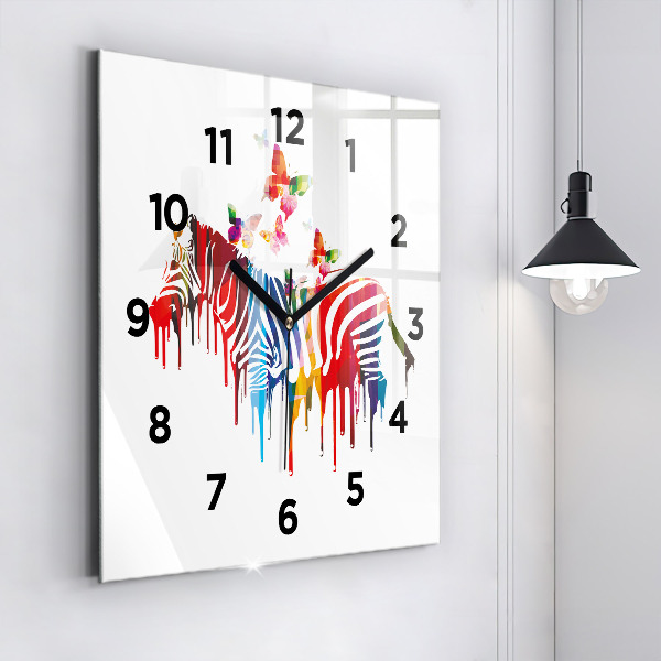 Square glass wall clock Colorful zebra