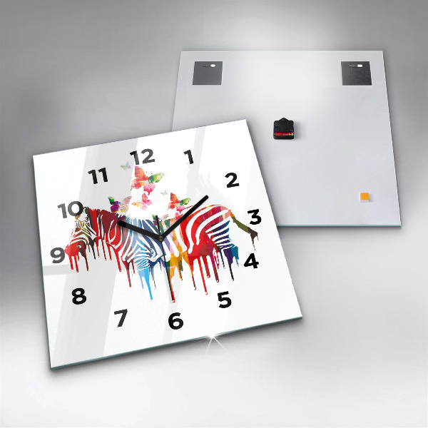 Square glass wall clock Colorful zebra