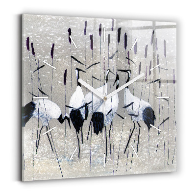 Square glass wall clock Cranes in the reeds