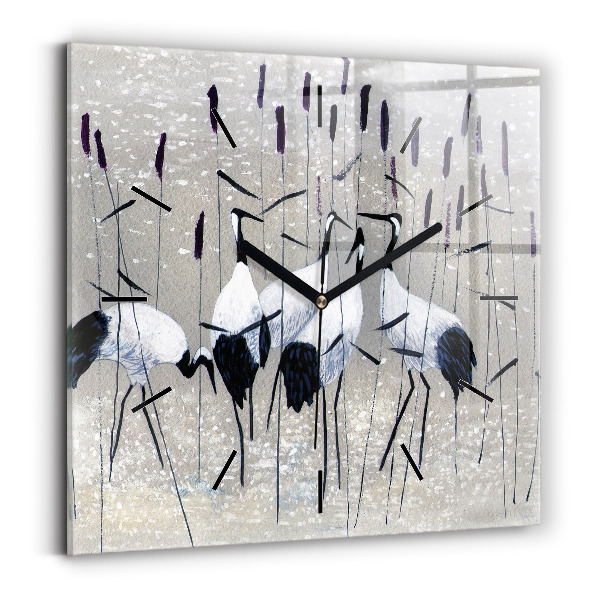 Square glass wall clock Cranes in the reeds