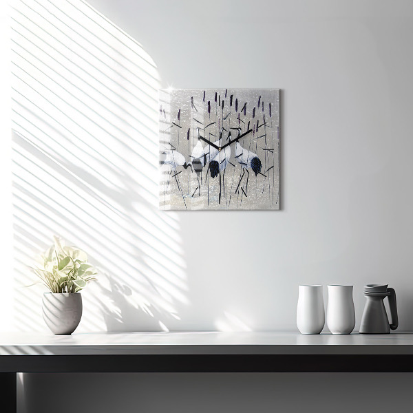 Square glass wall clock Cranes in the reeds
