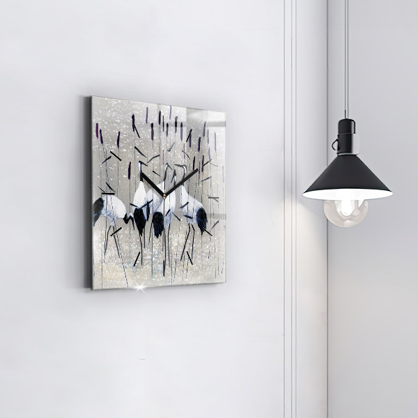 Square glass wall clock Cranes in the reeds