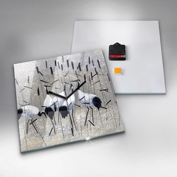Square glass wall clock Cranes in the reeds