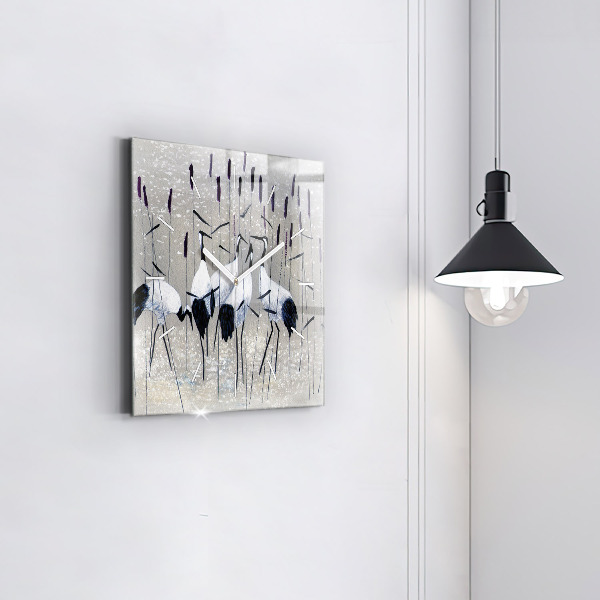 Square glass wall clock Cranes in the reeds