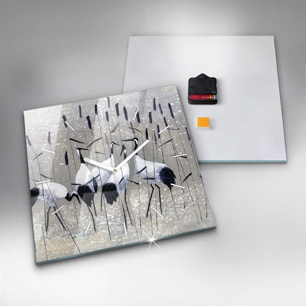 Square glass wall clock Cranes in the reeds