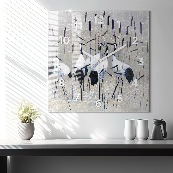 Square glass wall clock Cranes in the reeds