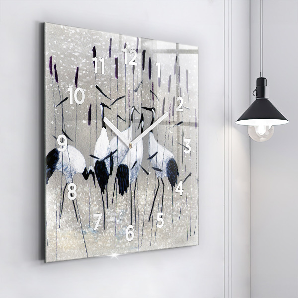 Square glass wall clock Cranes in the reeds