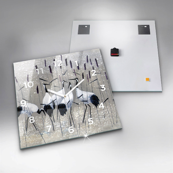Square glass wall clock Cranes in the reeds