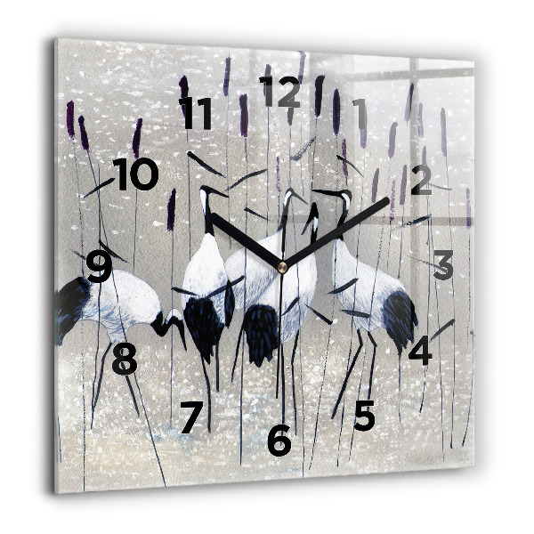 Square glass wall clock Cranes in the reeds