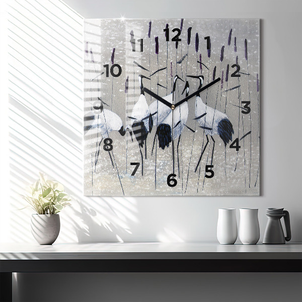 Square glass wall clock Cranes in the reeds