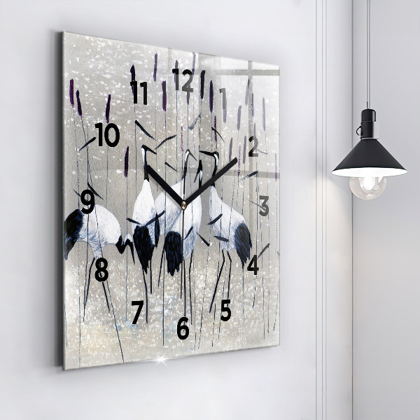 Square glass wall clock Cranes in the reeds