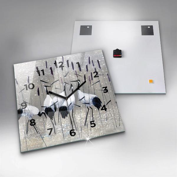 Square glass wall clock Cranes in the reeds