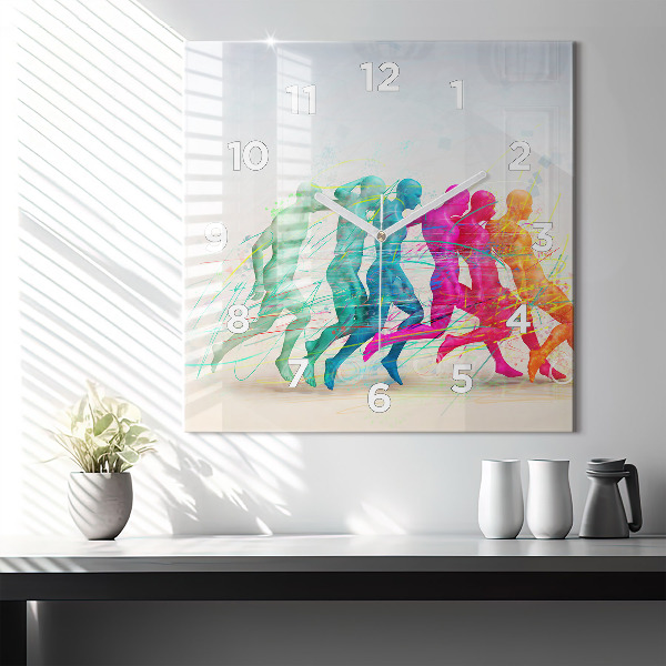Square glass wall clock Colorful people