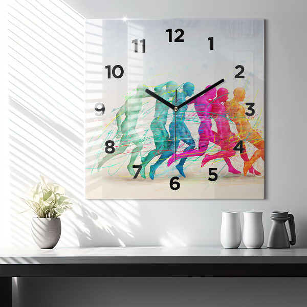 Square glass wall clock Colorful people