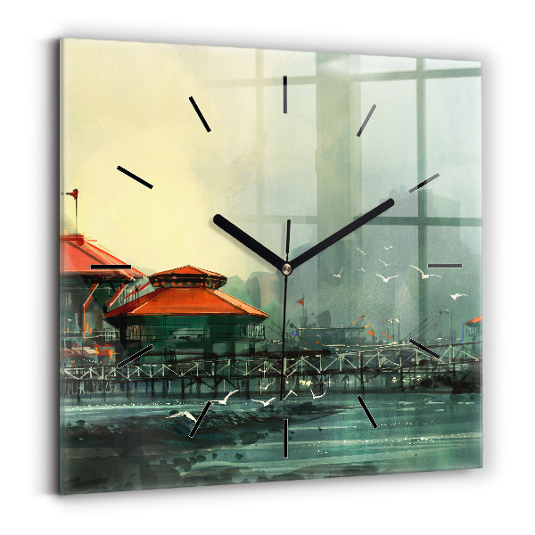 Square glass wall clock Fishing village