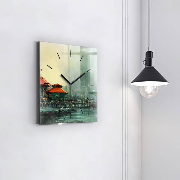 Square glass wall clock Fishing village