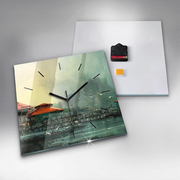 Square glass wall clock Fishing village