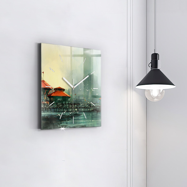 Square glass wall clock Fishing village