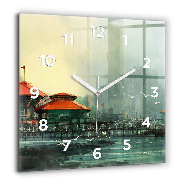 Square glass wall clock Fishing village