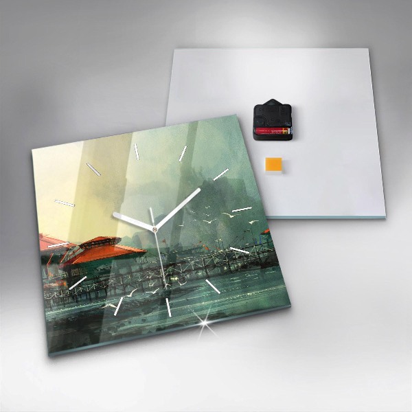 Square glass wall clock Fishing village