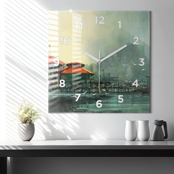 Square glass wall clock Fishing village