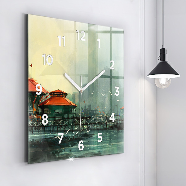 Square glass wall clock Fishing village