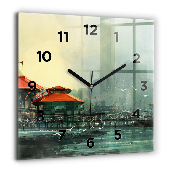 Square glass wall clock Fishing village