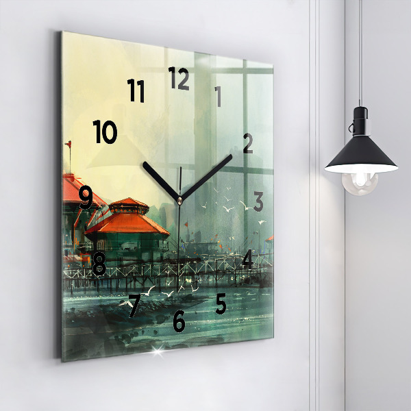 Square glass wall clock Fishing village