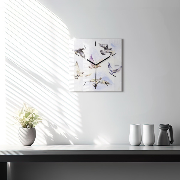 Square glass wall clock Flying birds