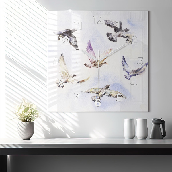 Square glass wall clock Flying birds