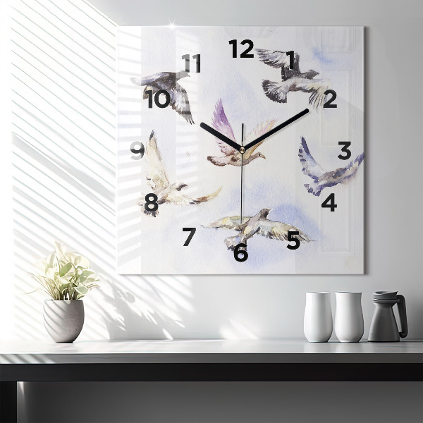 Square glass wall clock Flying birds