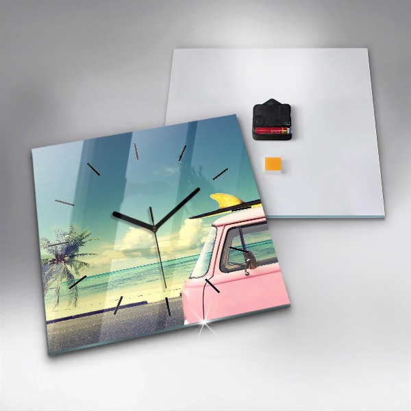 Square glass wall clock Car with surfboard