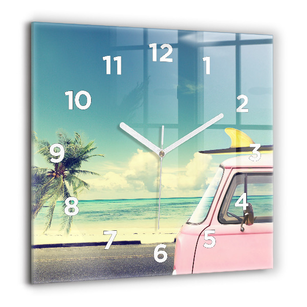 Square glass wall clock Car with surfboard