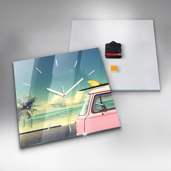 Square glass wall clock Car with surfboard