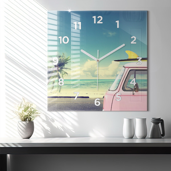Square glass wall clock Car with surfboard