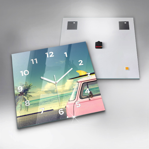 Square glass wall clock Car with surfboard