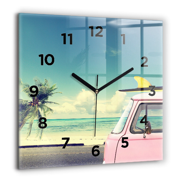 Square glass wall clock Car with surfboard