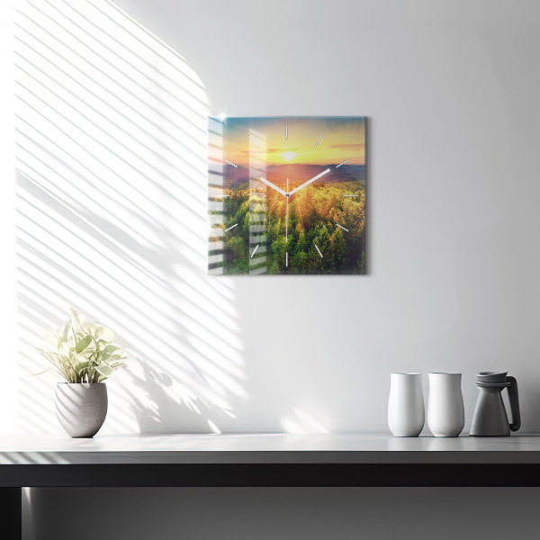 Square glass wall clock Sunset over the hills