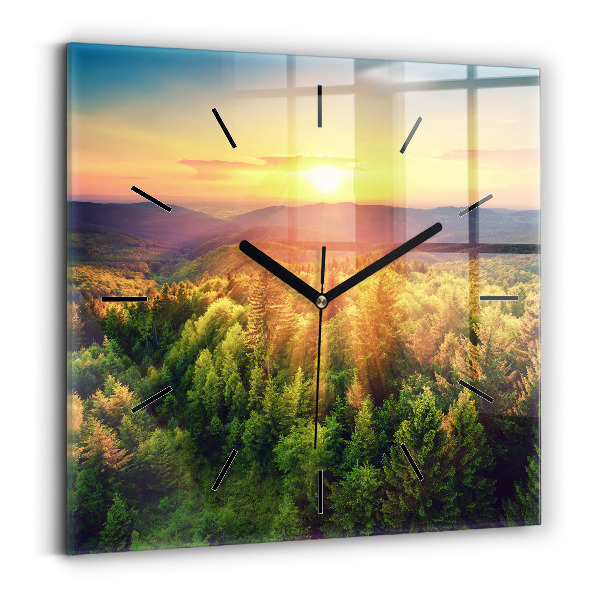 Square glass wall clock Sunset over the hills